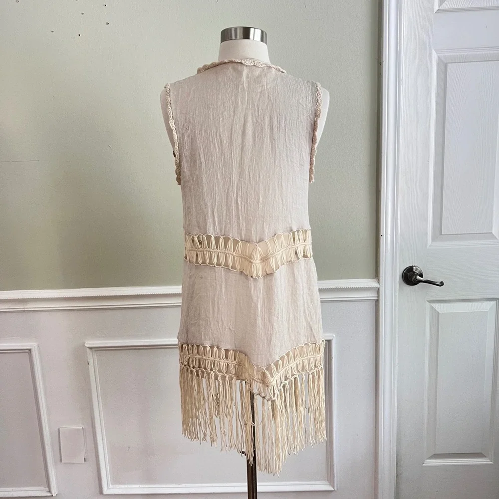 Boho Fringe Vest Womens OS Macrame Crochet Gauze Beige‎ Festival Kimono
